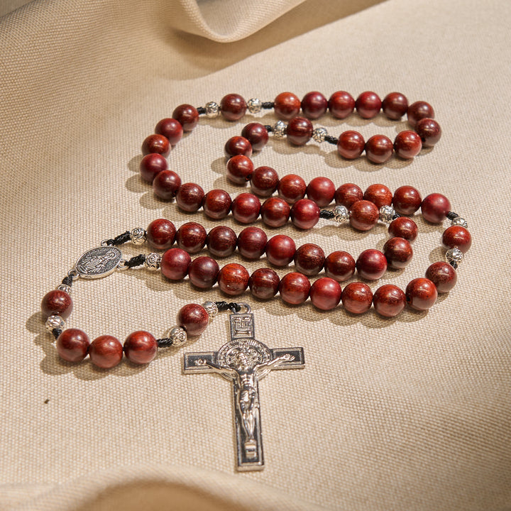 Christianartworkshop Red Wood and Rose Beads Rosary with Miraculous Medal: Embrace Divine Grace and Protection - Red Wood - image 0