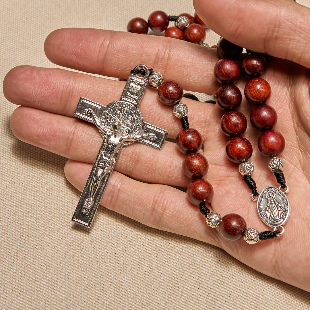 Christianartworkshop Red Wood and Rose Beads Rosary with Miraculous Medal: Embrace Divine Grace and Protection - image 5