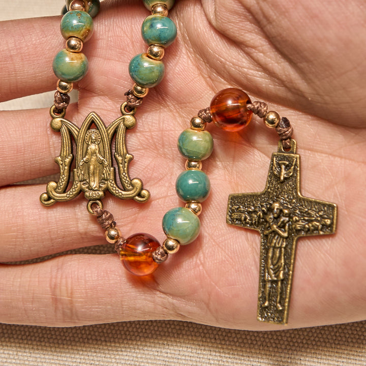 Christianartworkshop Handcrafted Green Ceramic Rosary with Miraculous Medal and Amber Beads: Feel Graceful Faith - image 4