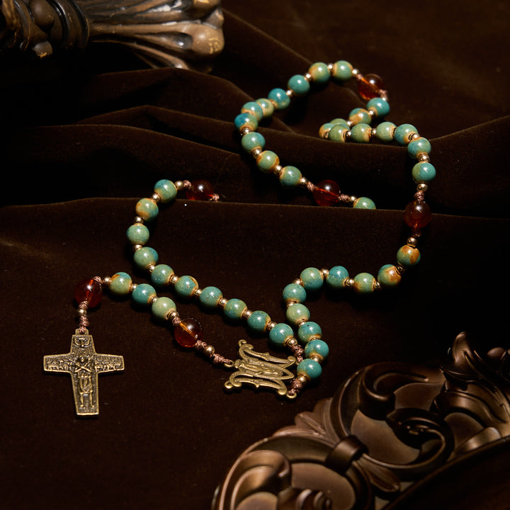 Christianartworkshop Handcrafted Green Ceramic Rosary with Miraculous Medal and Amber Beads: Feel Graceful Faith - image 6