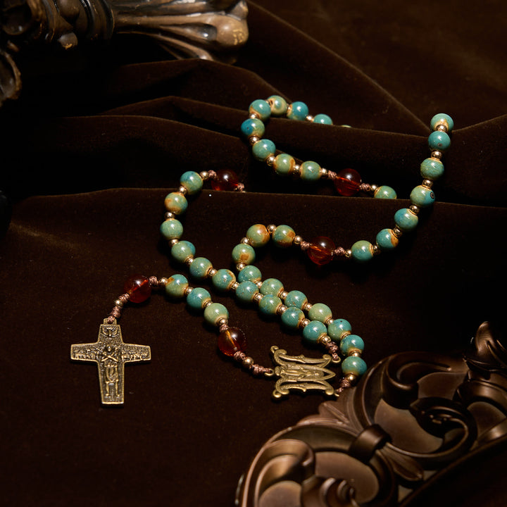 Christianartworkshop Handcrafted Green Ceramic Rosary with Miraculous Medal and Amber Beads: Feel Graceful Faith - image 6