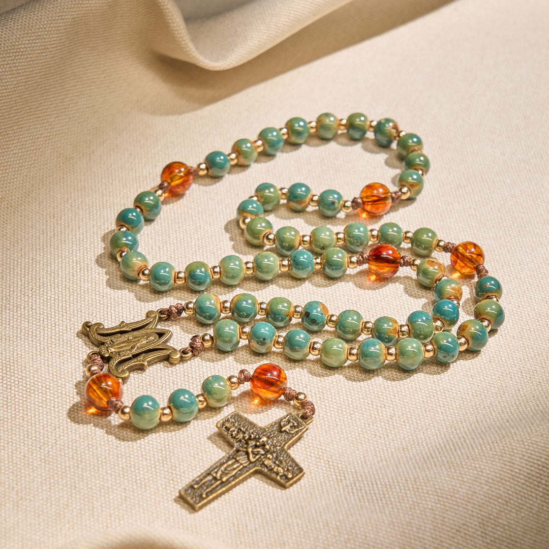Christianartworkshop Handcrafted Green Ceramic Rosary with Miraculous Medal and Amber Beads: Feel Graceful Faith - Virgin Mary & Crucifix - image 1