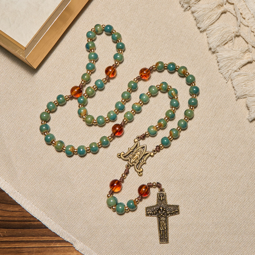 Christianartworkshop Handcrafted Green Ceramic Rosary with Miraculous Medal and Amber Beads: Feel Graceful Faith - image 3