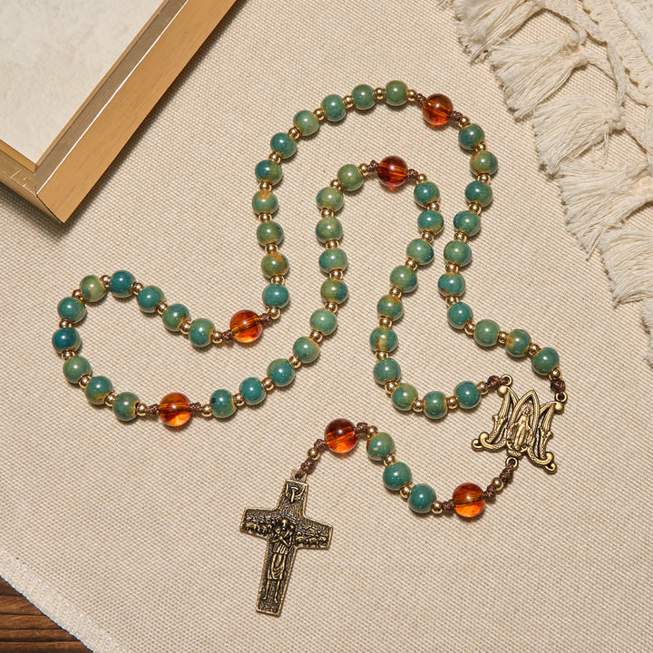 Christianartworkshop Handcrafted Green Ceramic Rosary with Miraculous Medal and Amber Beads: Feel Graceful Faith - image 1