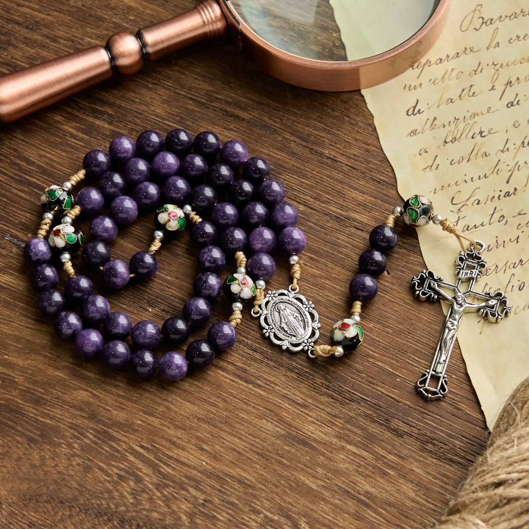 Christianartworkshop Purple Agate & Cloisonné Beads Rosary with Virgin Mary Medal & Crucifix: Feel Graceful Devotion - Purple Agate & Cloisonné Beads - image 1