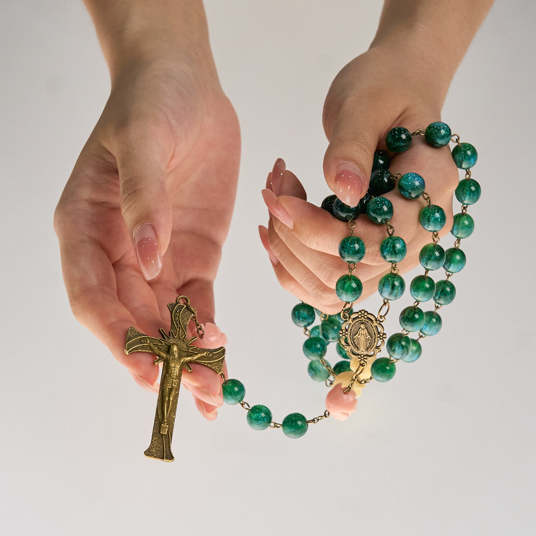Christianartworkshop Green Shiny Beads & Flower Rose Rosary with Bronze Virgin Mary Medal & Crucifix - image 1