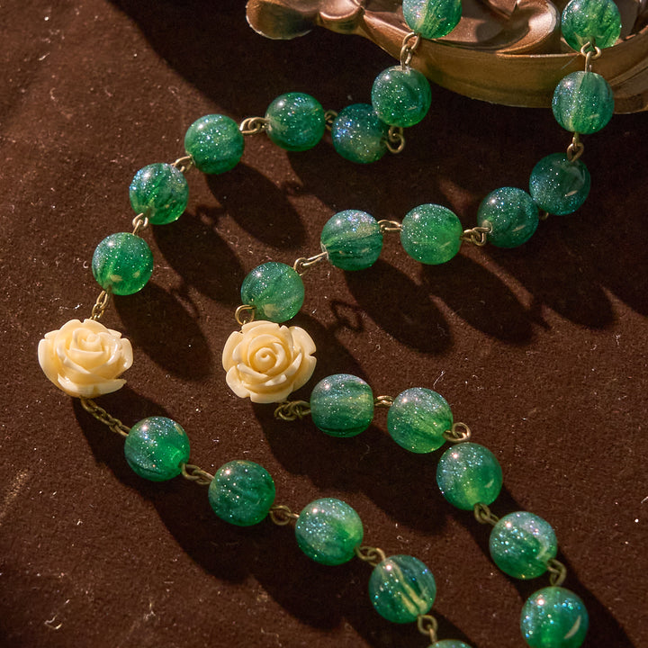 Christianartworkshop Green Shiny Beads & Flower Rose Rosary with Bronze Virgin Mary Medal & Crucifix - image 5