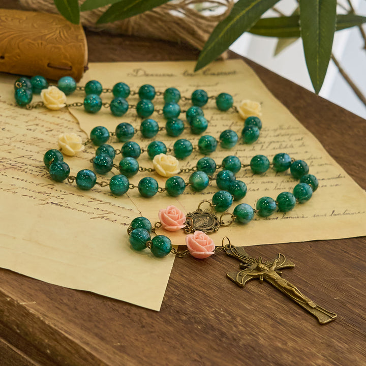 Christianartworkshop Green Shiny Beads & Flower Rose Rosary with Bronze Virgin Mary Medal & Crucifix - image 6
