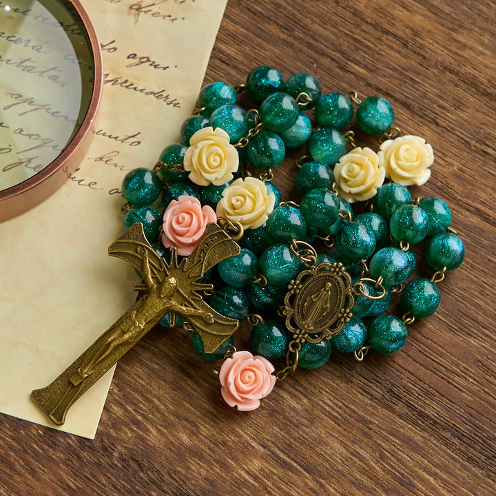 Christianartworkshop Green Shiny Beads & Flower Rose Rosary with Bronze Virgin Mary Medal & Crucifix - image 7