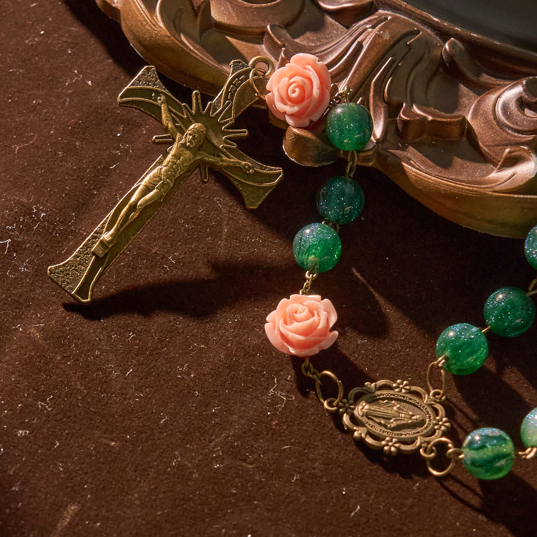 Christianartworkshop Green Shiny Beads & Flower Rose Rosary with Bronze Virgin Mary Medal & Crucifix - image 4