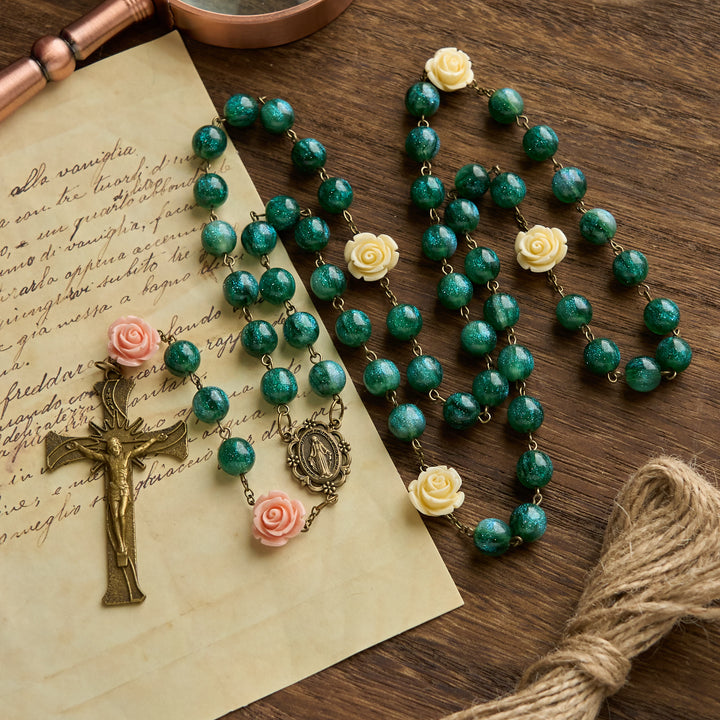 Christianartworkshop Green Shiny Beads & Flower Rose Rosary with Bronze Virgin Mary Medal & Crucifix - Flower Beads - image 1