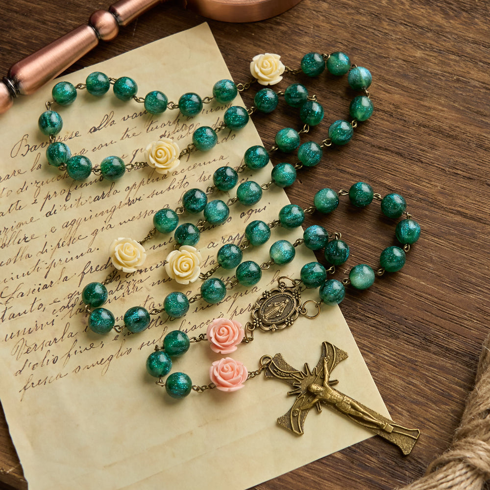 Christianartworkshop Green Shiny Beads & Flower Rose Rosary with Bronze Virgin Mary Medal & Crucifix - image 2