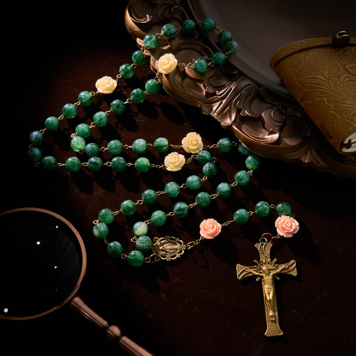 Christianartworkshop Green Shiny Beads & Flower Rose Rosary with Bronze Virgin Mary Medal & Crucifix - image 3