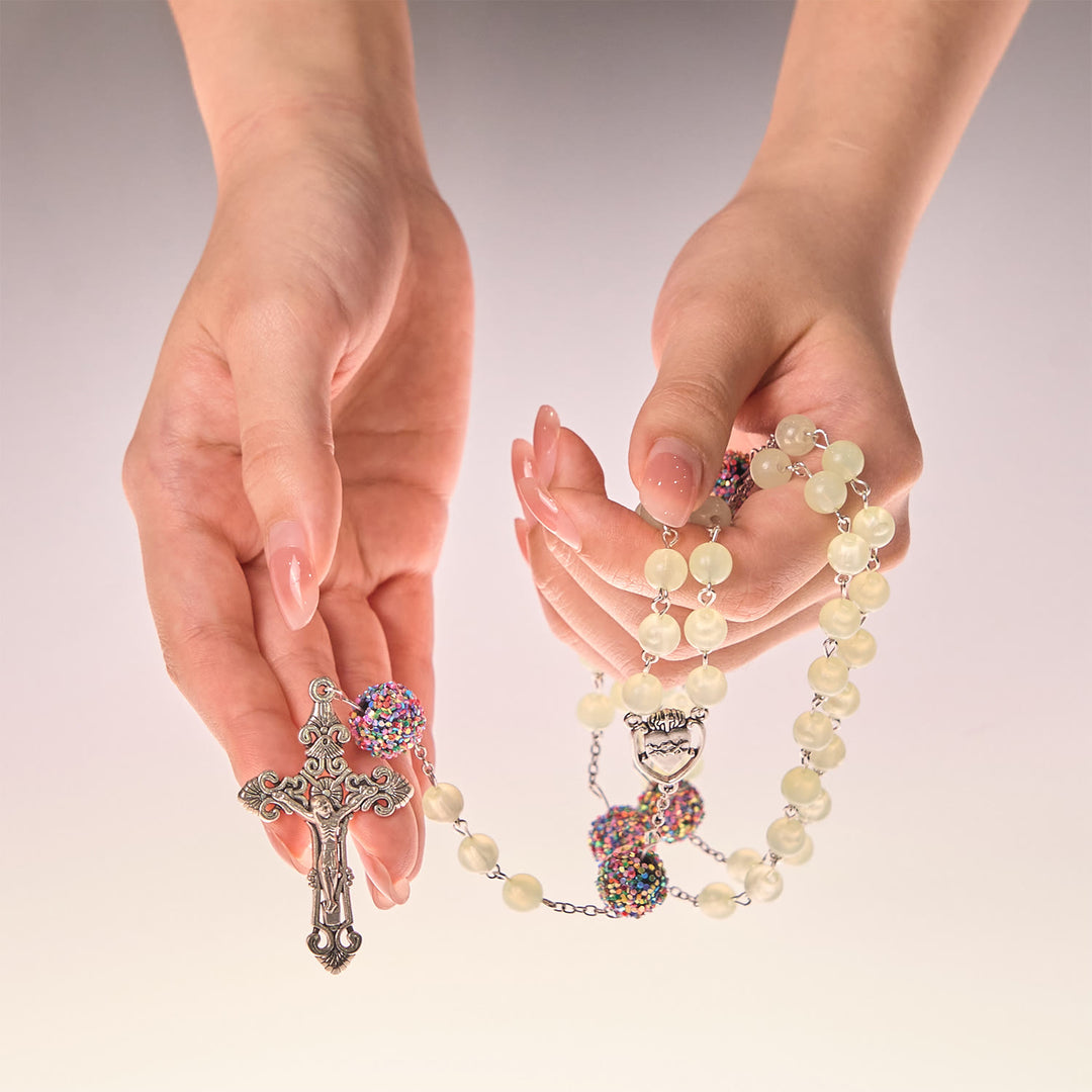 Christianartworkshop Luminous Light Green Beads and Multicolor Rhinestone Rosary with Metal Sacred Heart & Crucifix - image 10