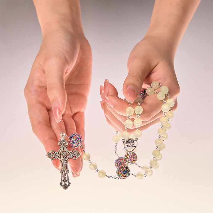 Christianartworkshop Luminous Light Green Beads and Multicolor Rhinestone Rosary with Metal Sacred Heart & Crucifix - image 10