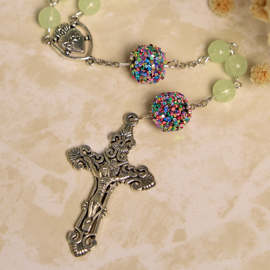 Christianartworkshop Luminous Light Green Beads and Multicolor Rhinestone Rosary with Metal Sacred Heart & Crucifix - image 7