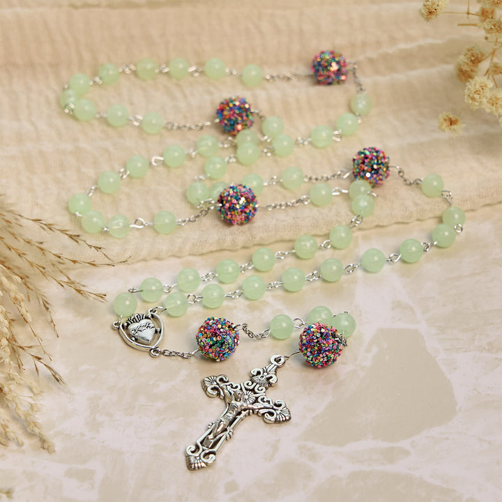 Christianartworkshop Luminous Light Green Beads and Multicolor Rhinestone Rosary with Metal Sacred Heart & Crucifix - image 4