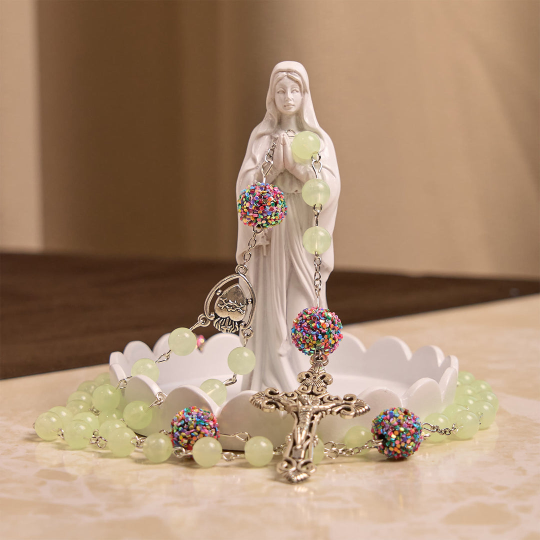 Christianartworkshop Luminous Light Green Beads and Multicolor Rhinestone Rosary with Metal Sacred Heart & Crucifix - image 9