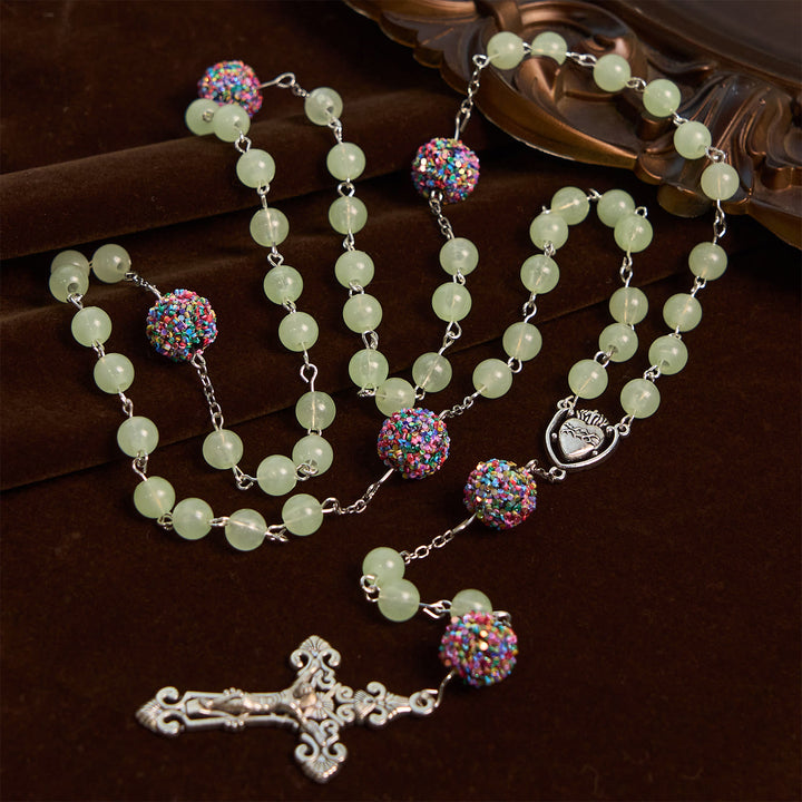 Christianartworkshop Luminous Light Green Beads and Multicolor Rhinestone Rosary with Metal Sacred Heart & Crucifix - image 5