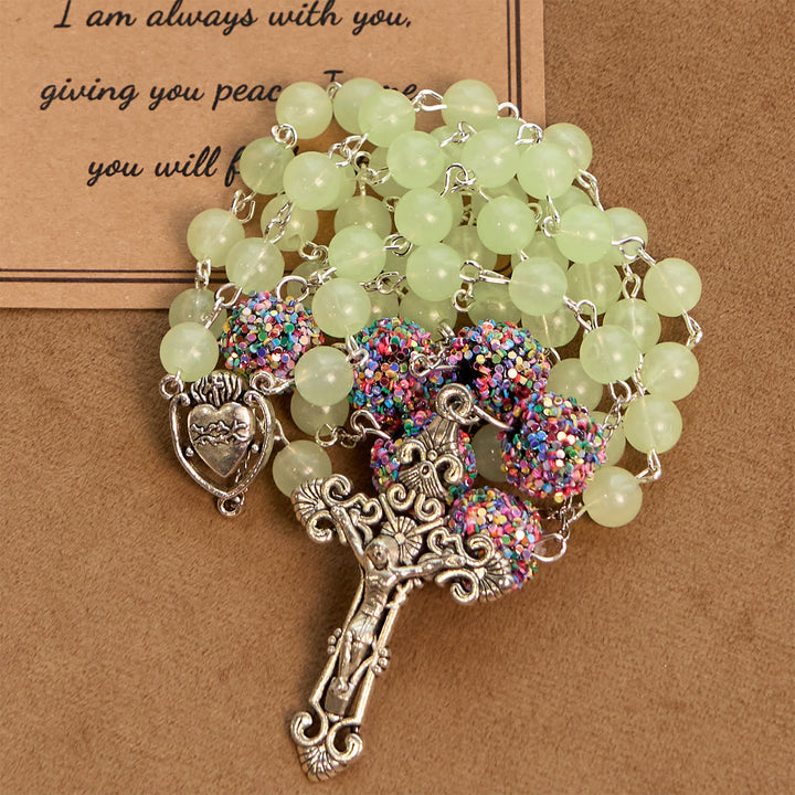 Christianartworkshop Luminous Light Green Beads and Multicolor Rhinestone Rosary with Metal Sacred Heart & Crucifix - image 6