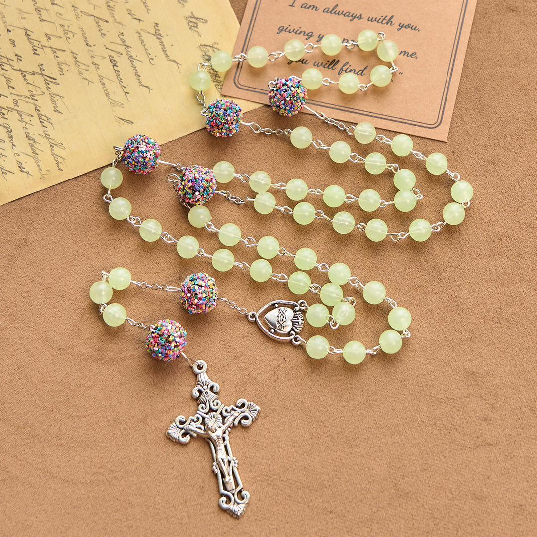 Christianartworkshop Luminous Light Green Beads and Multicolor Rhinestone Rosary with Metal Sacred Heart & Crucifix - image 3