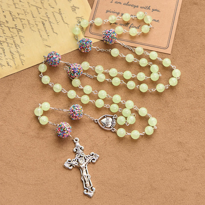 Christianartworkshop Luminous Light Green Beads and Multicolor Rhinestone Rosary with Metal Sacred Heart & Crucifix - image 3