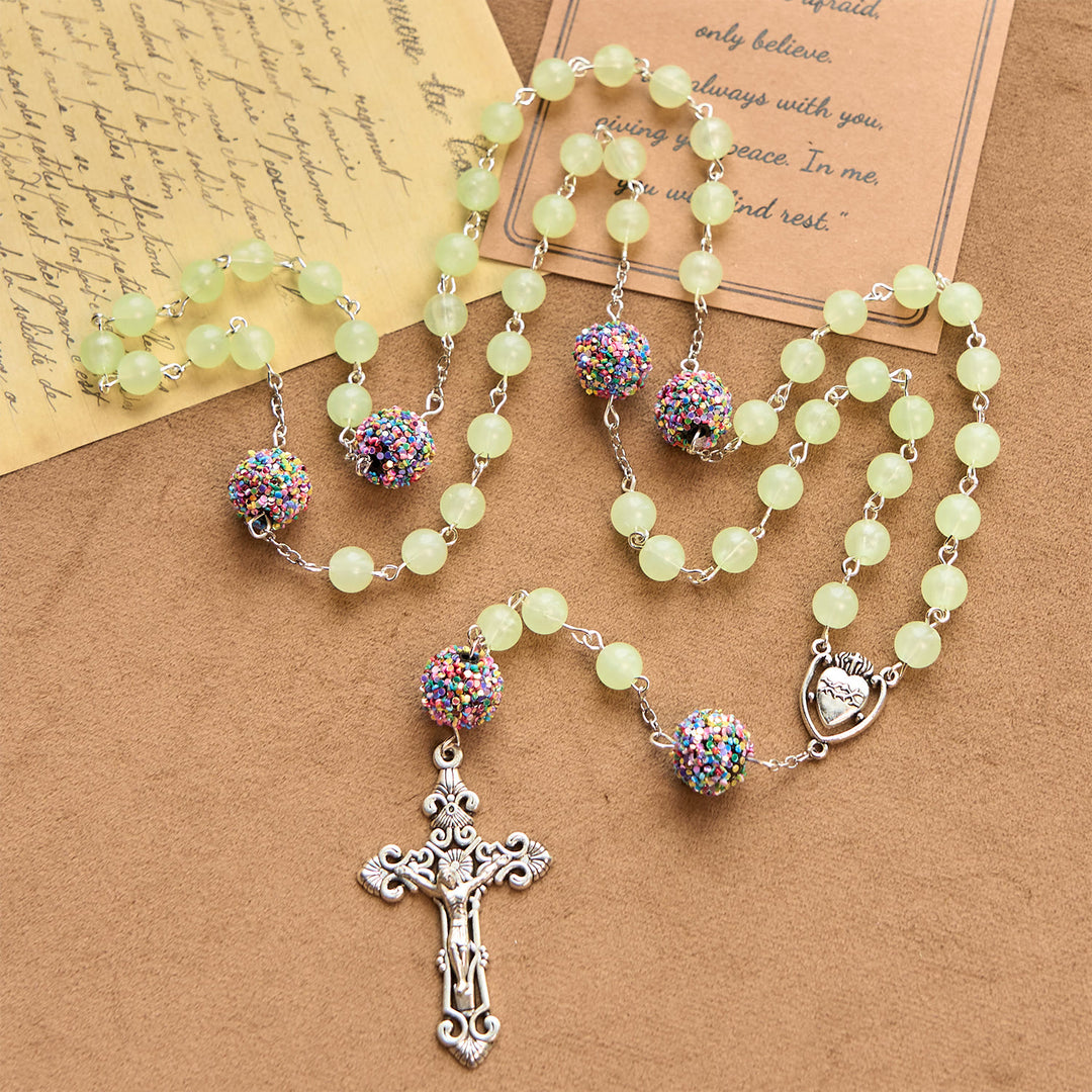 Christianartworkshop Luminous Light Green Beads and Multicolor Rhinestone Rosary with Metal Sacred Heart & Crucifix - Luminous Beads - image 1