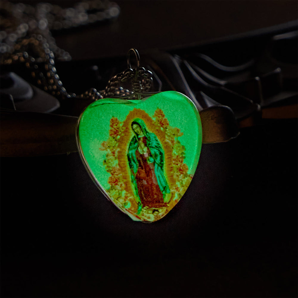 Christianartworkshop White Our Lady of Guadalupe Glow-in-the-Dark Heart Shaped Resin Medal Necklace - image 2