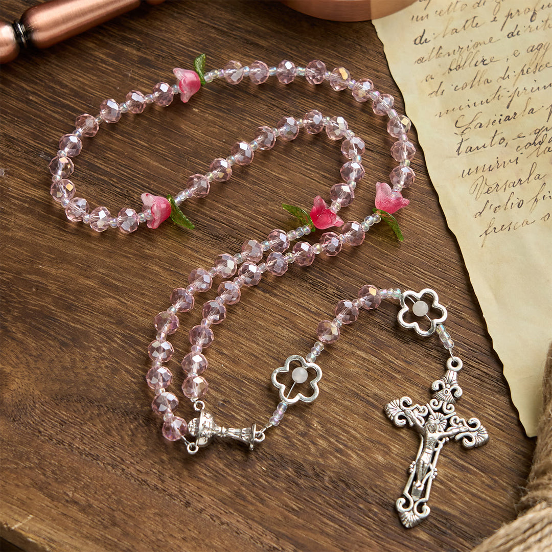 Christianartworkshop Elegant Pink Crystal Rosary with 3D Rose Beads, Silver Chalice Medal & Crucifix: Embrace Divine Grace - Crystal & Flower - image 0