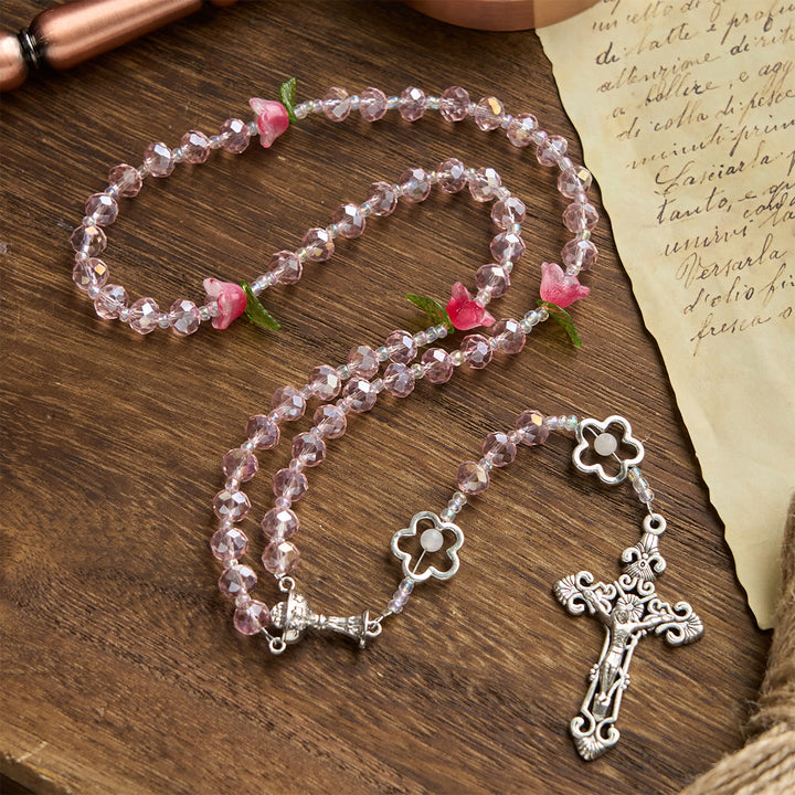 Christianartworkshop Elegant Pink Crystal Rosary with 3D Rose Beads, Silver Chalice Medal & Crucifix: Embrace Divine Grace - Crystal & Flower - image 0