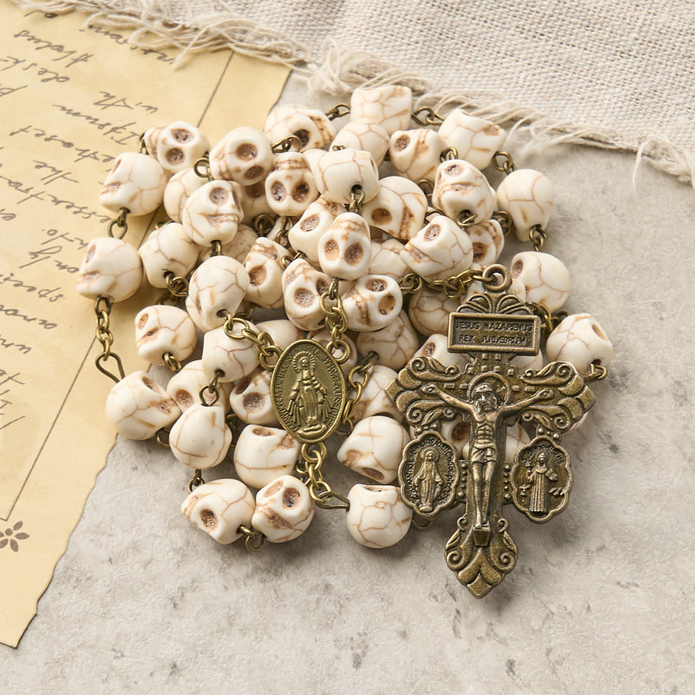 Christianartworkshop Saint Benedict & Crucifix of 8 mm White Pine Skull Alloy Chain Rosary Necklace  - image 1