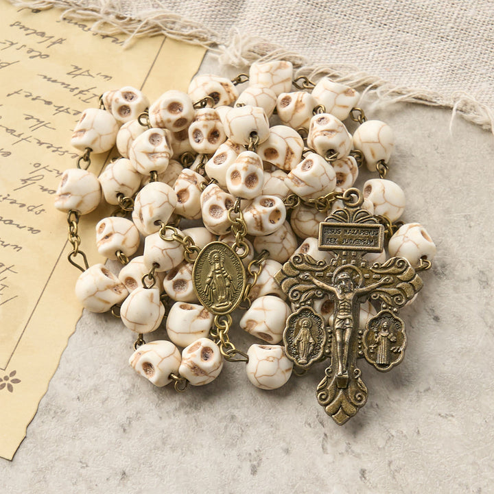 Christianartworkshop Saint Benedict & Crucifix of 8 mm White Pine Skull Alloy Chain Rosary Necklace  - image 1