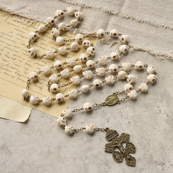 Christianartworkshop Saint Benedict & Crucifix of 8 mm White Pine Skull Alloy Chain Rosary Necklace  - image 4