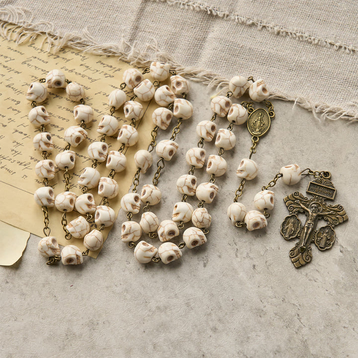 Christianartworkshop Saint Benedict & Crucifix of 8 mm White Pine Skull Alloy Chain Rosary Necklace  - image 2