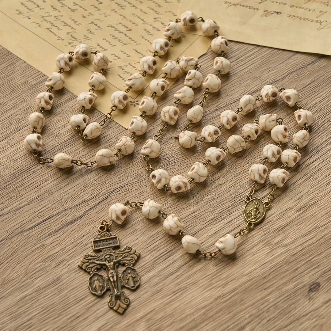 Christianartworkshop Saint Benedict & Crucifix of 8 mm White Pine Skull Alloy Chain Rosary Necklace  - Saint Benedict & Crucifix - image 0