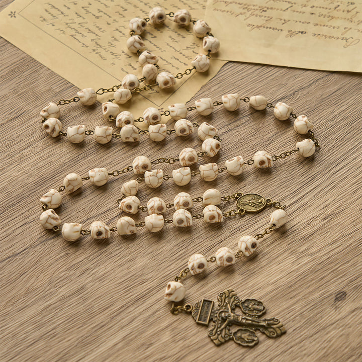 Christianartworkshop Saint Benedict & Crucifix of 8 mm White Pine Skull Alloy Chain Rosary Necklace  - image 5