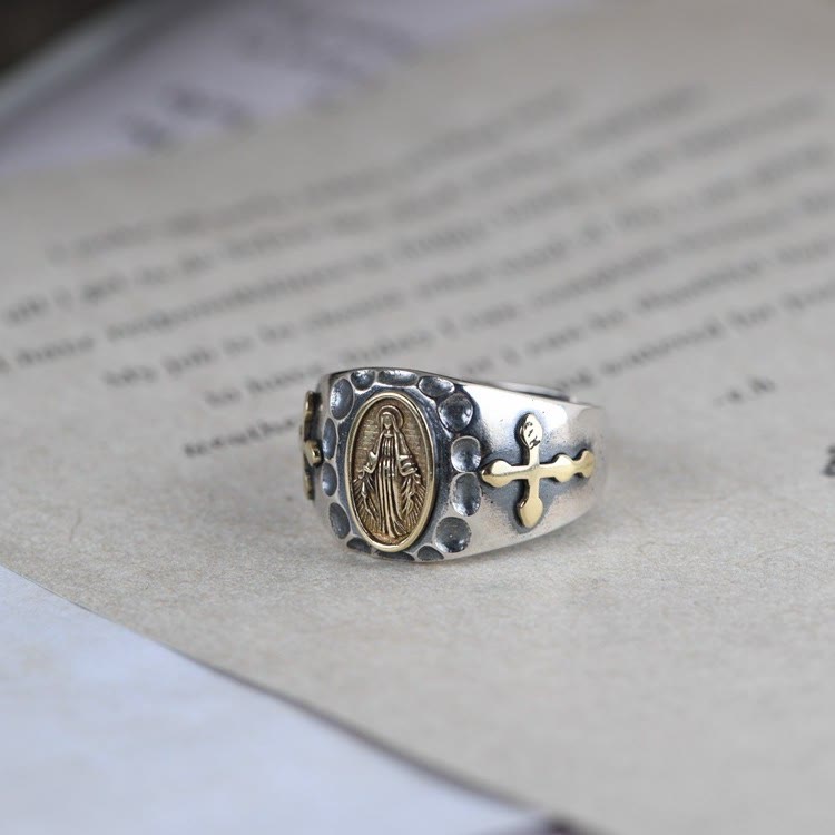 Christianartworkshop 925 Sterling Silver Retro Style Virgin Mary Blessing Badge Religious Ring - image 4