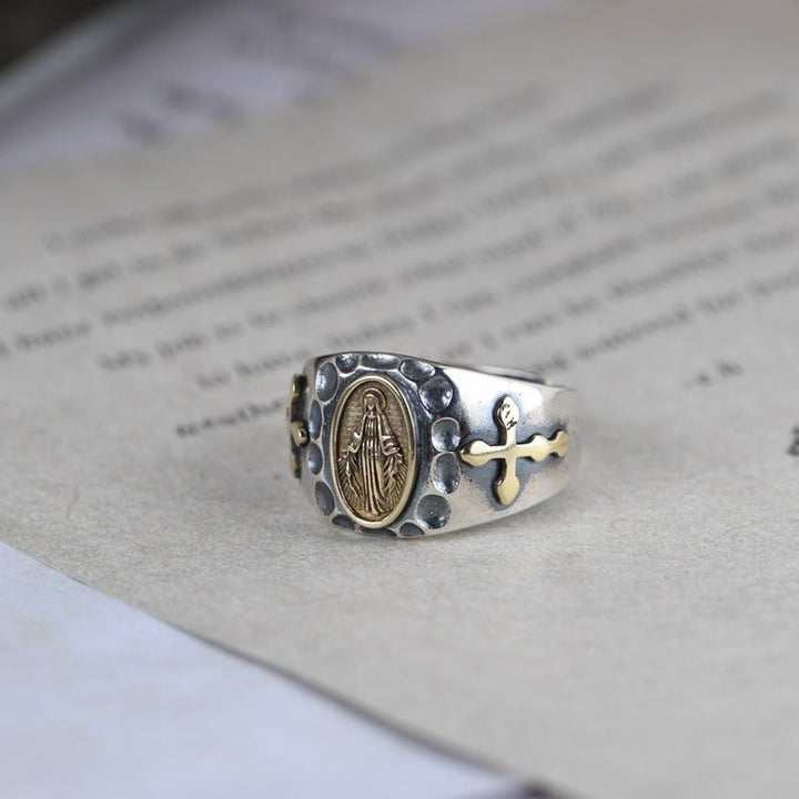 Christianartworkshop 925 Sterling Silver Retro Style Virgin Mary Blessing Badge Religious Ring - image 4