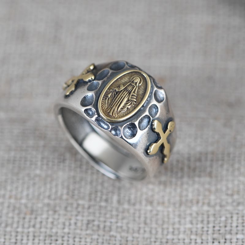 Christianartworkshop 925 Sterling Silver Retro Style Virgin Mary Blessing Badge Religious Ring - Suitable for US sizes 10.5-11.5 - image 0