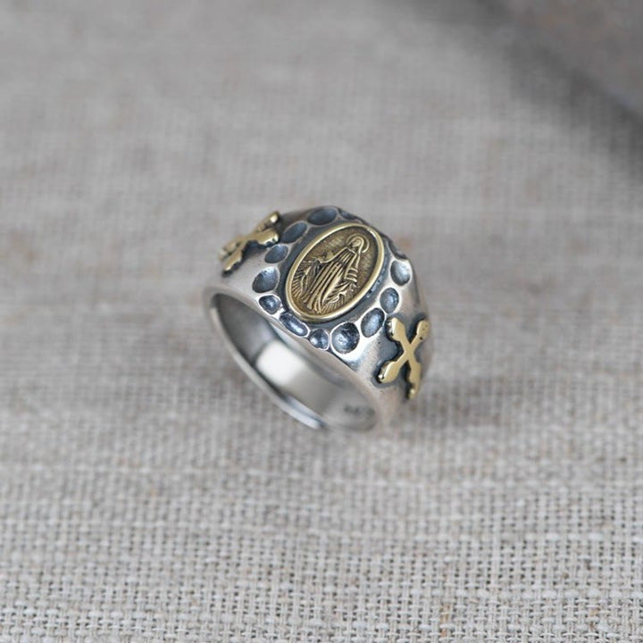 Christianartworkshop 925 Sterling Silver Retro Style Virgin Mary Blessing Badge Religious Ring - image 2