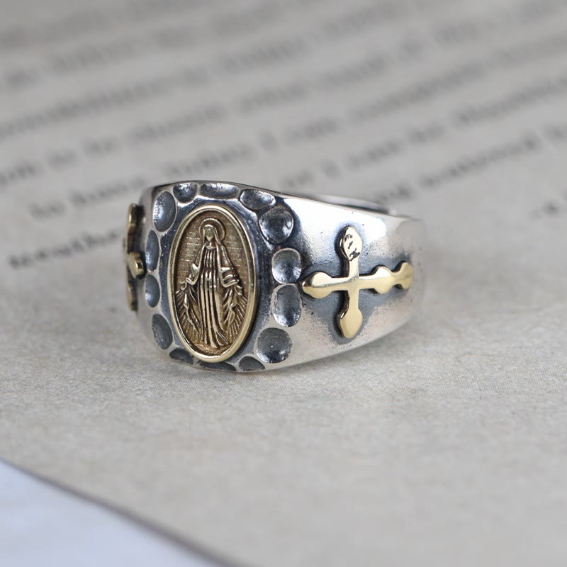 Christianartworkshop 925 Sterling Silver Retro Style Virgin Mary Blessing Badge Religious Ring - image 1