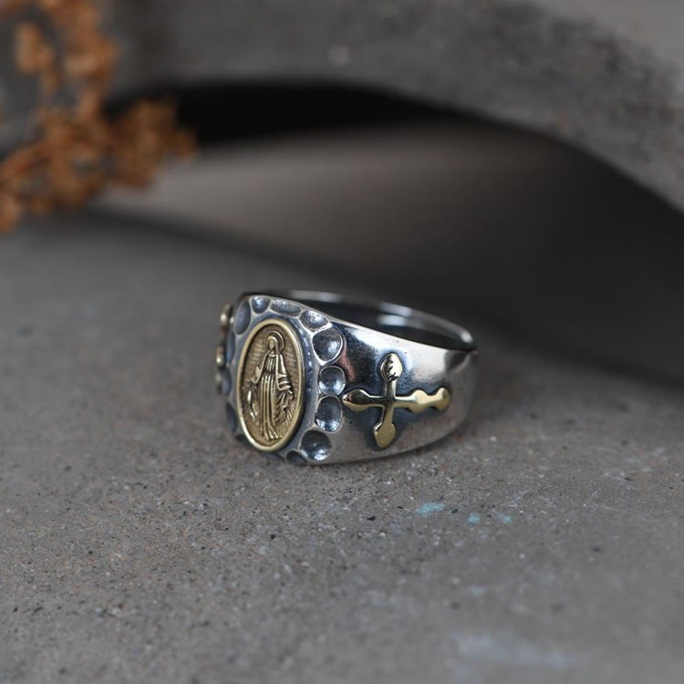 Christianartworkshop 925 Sterling Silver Retro Style Virgin Mary Blessing Badge Religious Ring - image 8