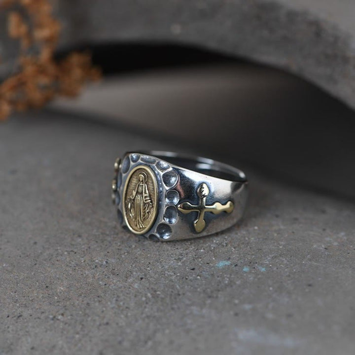 Christianartworkshop 925 Sterling Silver Retro Style Virgin Mary Blessing Badge Religious Ring - image 8