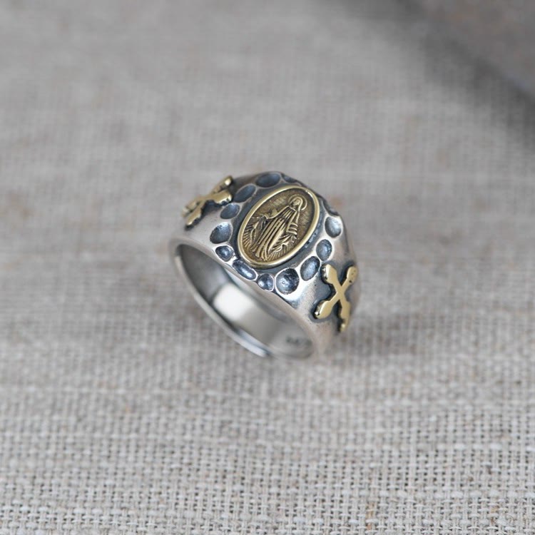 Christianartworkshop 925 Sterling Silver Retro Style Virgin Mary Blessing Badge Religious Ring - image 3