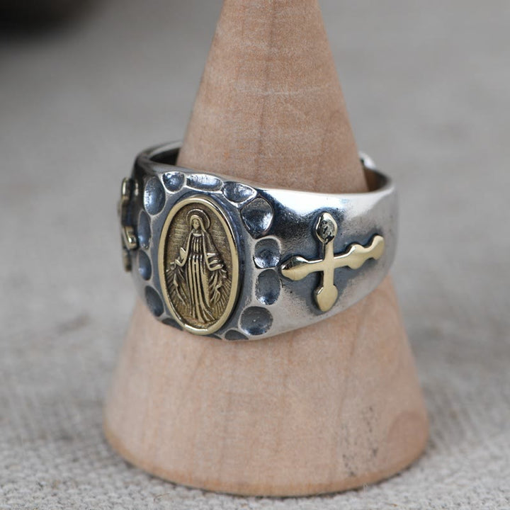 Christianartworkshop 925 Sterling Silver Retro Style Virgin Mary Blessing Badge Religious Ring - image 7