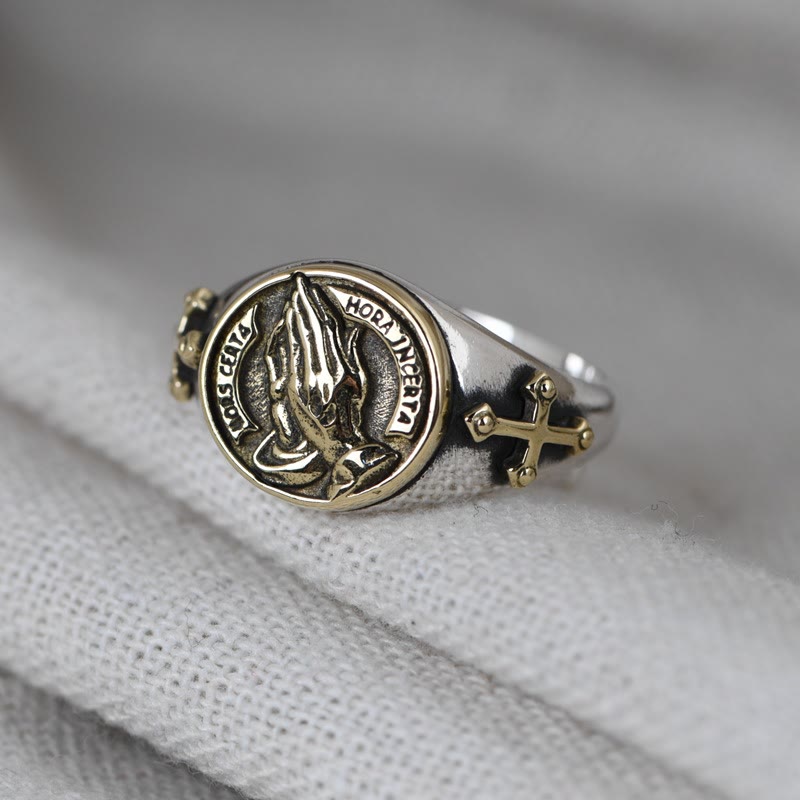 Christianartworkshop 925 Sterling Silver Vintage Style Intricate Carved Praying Hands Ring - Golden - image 1