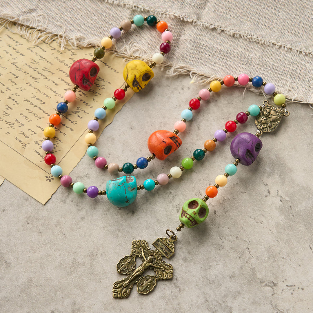 Christianartworkshop Bohemian Style Multicolored Skull Beads Rosary with Bronze Pardon Crucifix & Holy Family - Holy Family & Pardon Crucifix - image 0