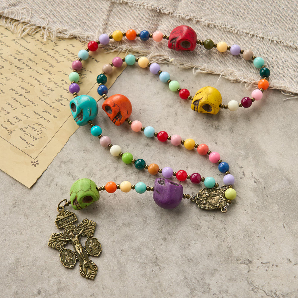 Christianartworkshop Bohemian Style Multicolored Skull Beads Rosary with Bronze Pardon Crucifix & Holy Family - image 1