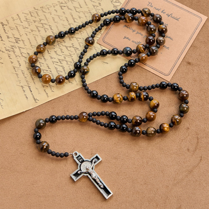 Christianartworkshop 10mm Tiger's Eye Stone Beads Rosary with Black Enamel Crucifix: Embrace Earthy Sacredness - Tiger's Eye Stone - image 1
