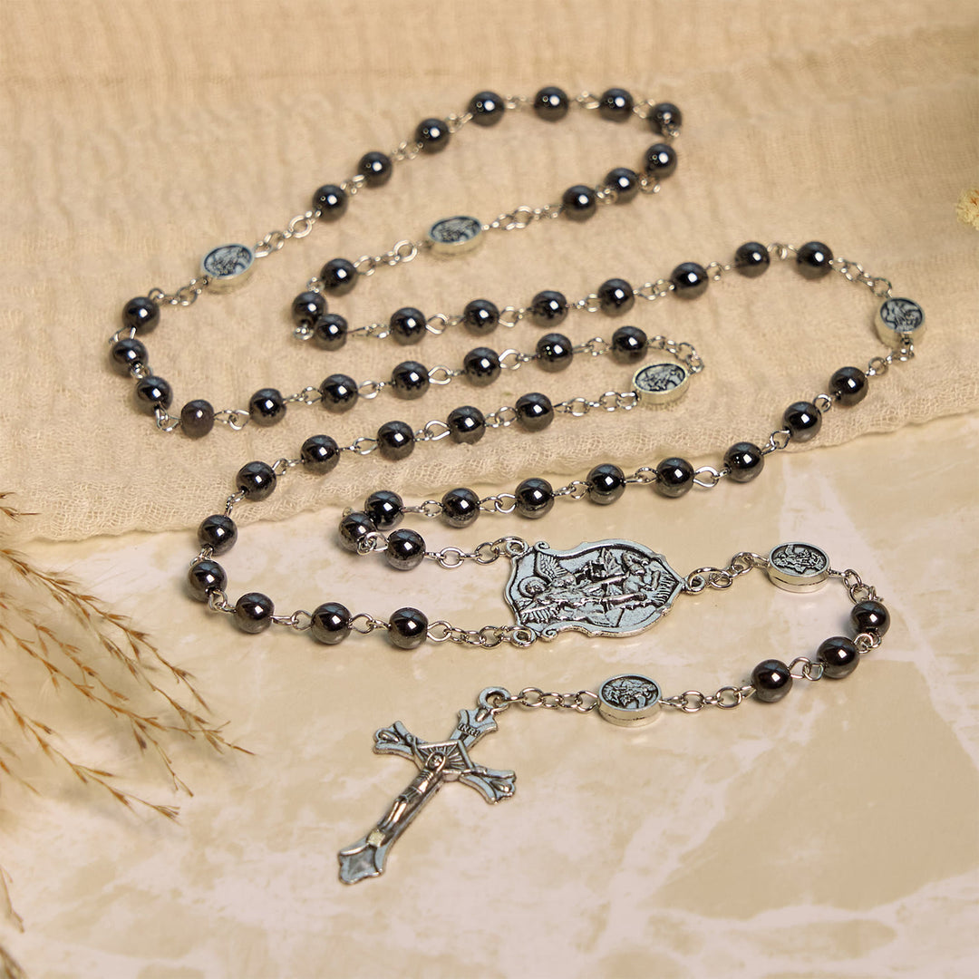 Christianartworkshop Sacred Shiny Black Beads Rosary with St. Michael the Archangel Pendant & Crucifix - image 4